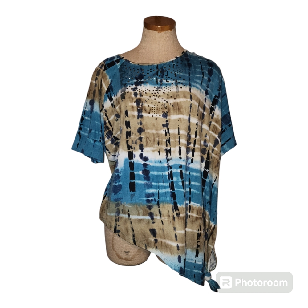 new directions Blue and Tan Tie-Dye Short Sleeve Top